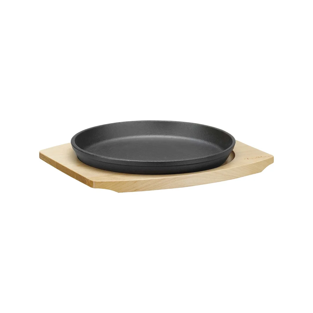 Patelnia żeliwna do serwowania Ø220mm z podstawką drewnianą i uchwytem, 270×230×(h)40 mm