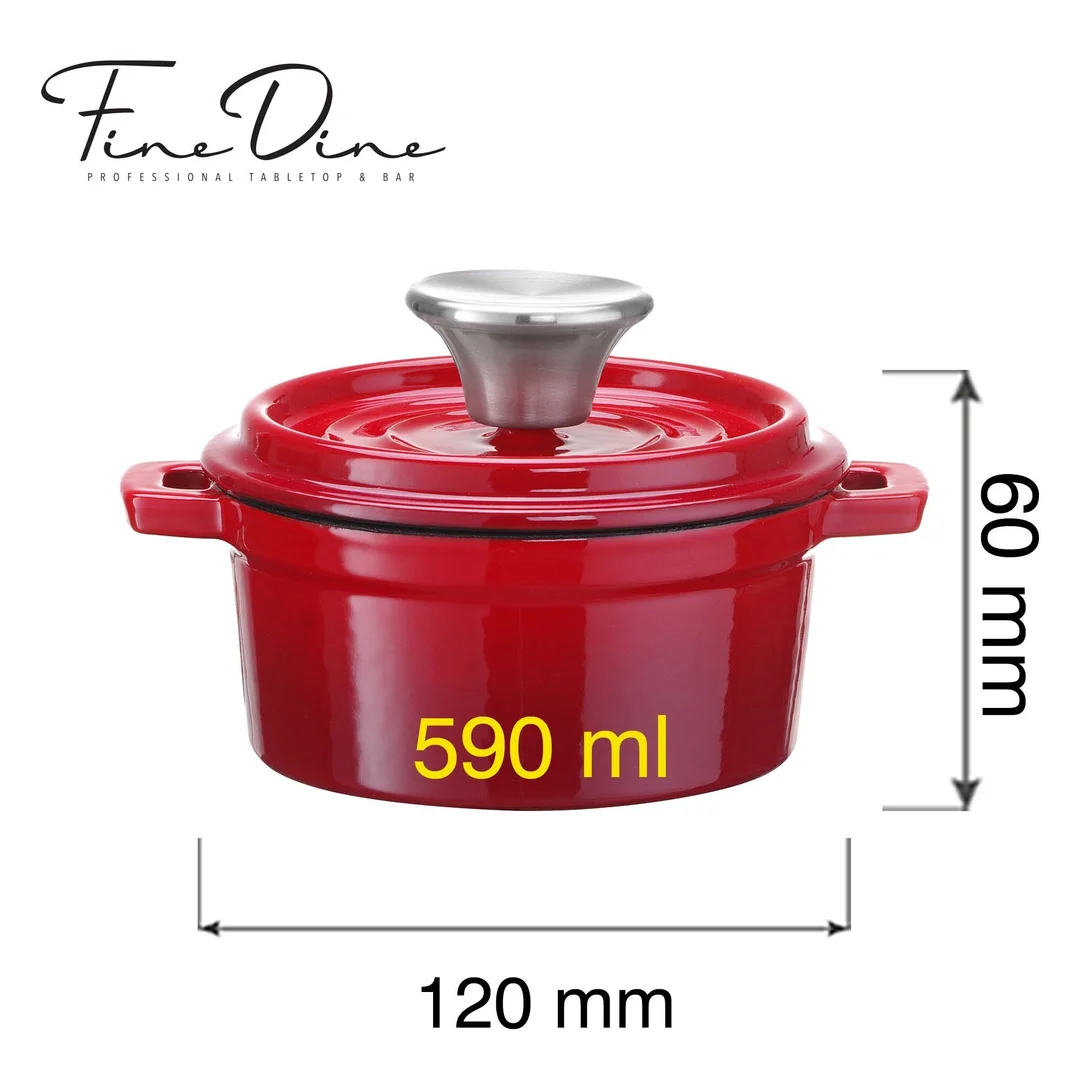 Garnek żeliwny emaliowany - jednoporcjowy / przystawkowy, czerwony, 500ml, 120mm — zdjęcie 3