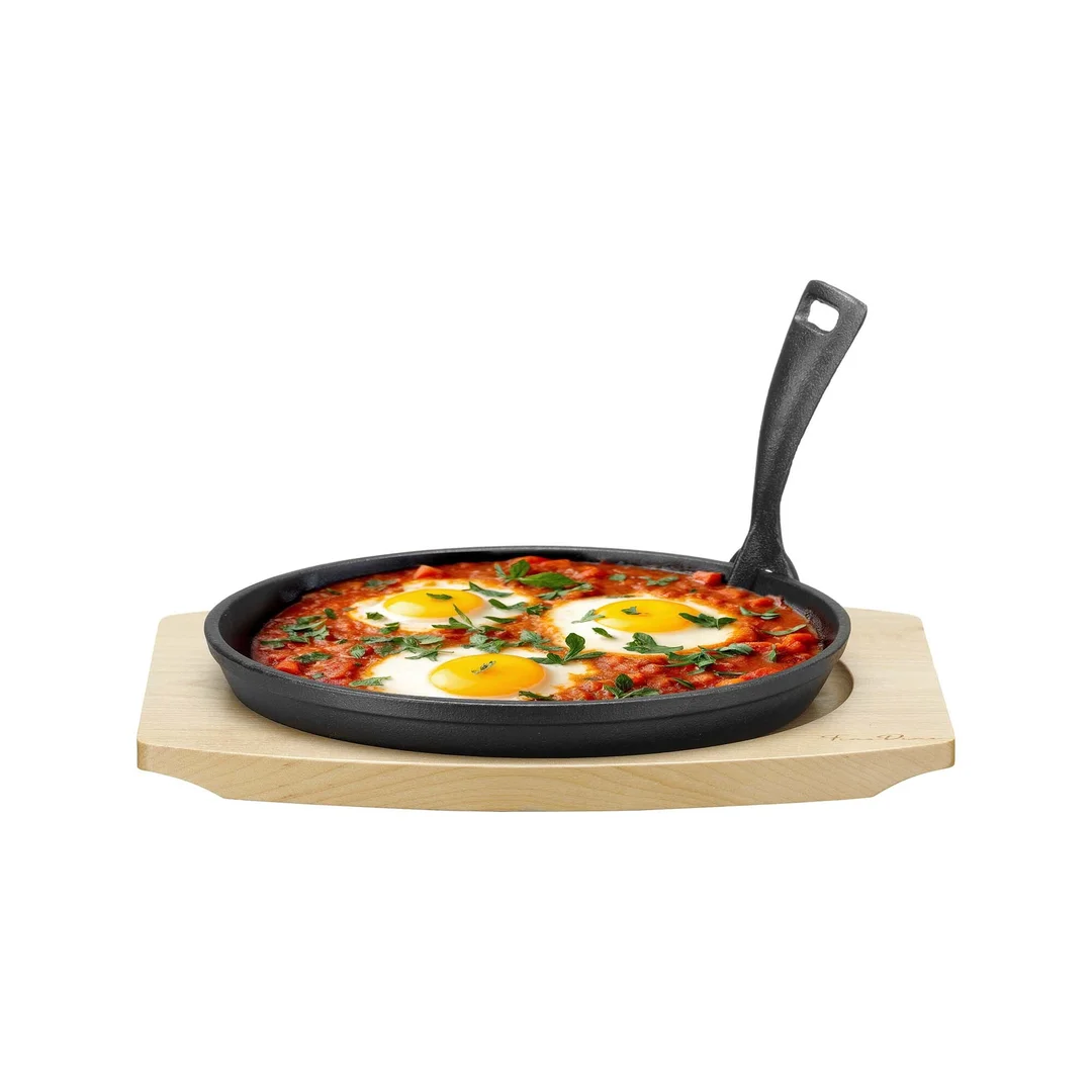 Patelnia żeliwna do serwowania Ø220mm z podstawką drewnianą i uchwytem, 270×230×(h)40 mm — zdjęcie 2