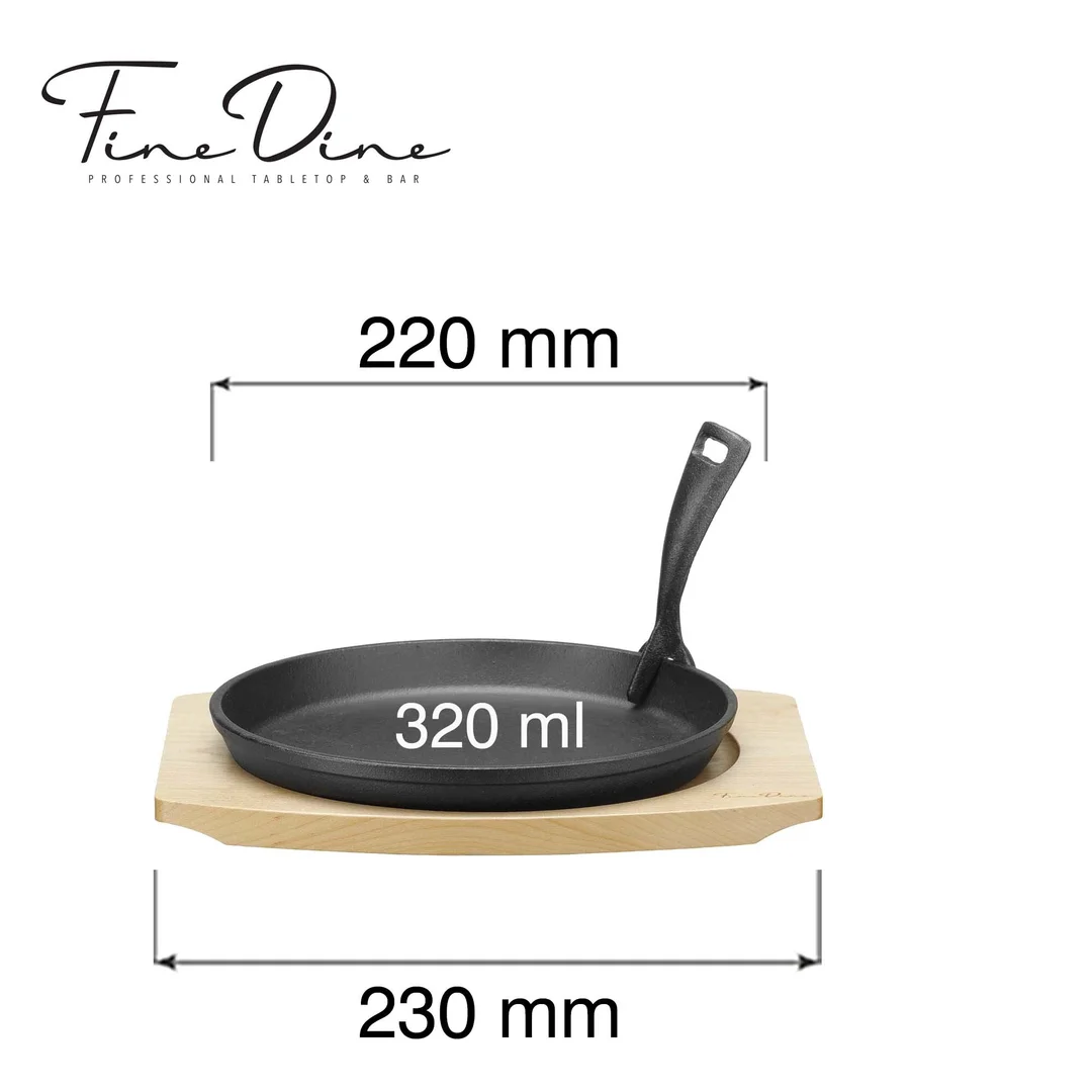Patelnia żeliwna do serwowania Ø220mm z podstawką drewnianą i uchwytem, 270×230×(h)40 mm — zdjęcie 6