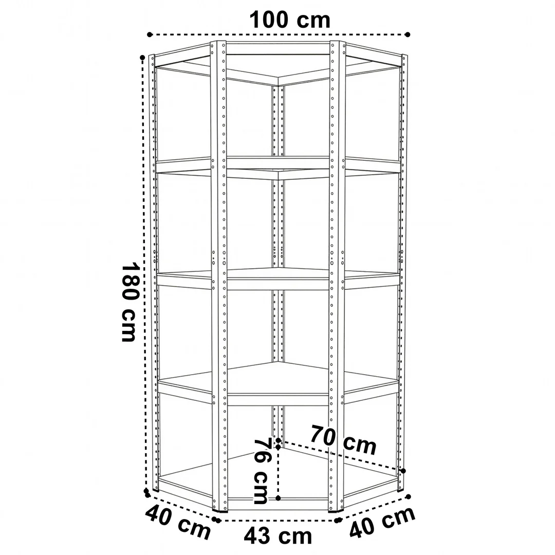 Regał magazynowy narożny 5 poziomów 875 kg 180 x 70 x 40 cm — zdjęcie 3