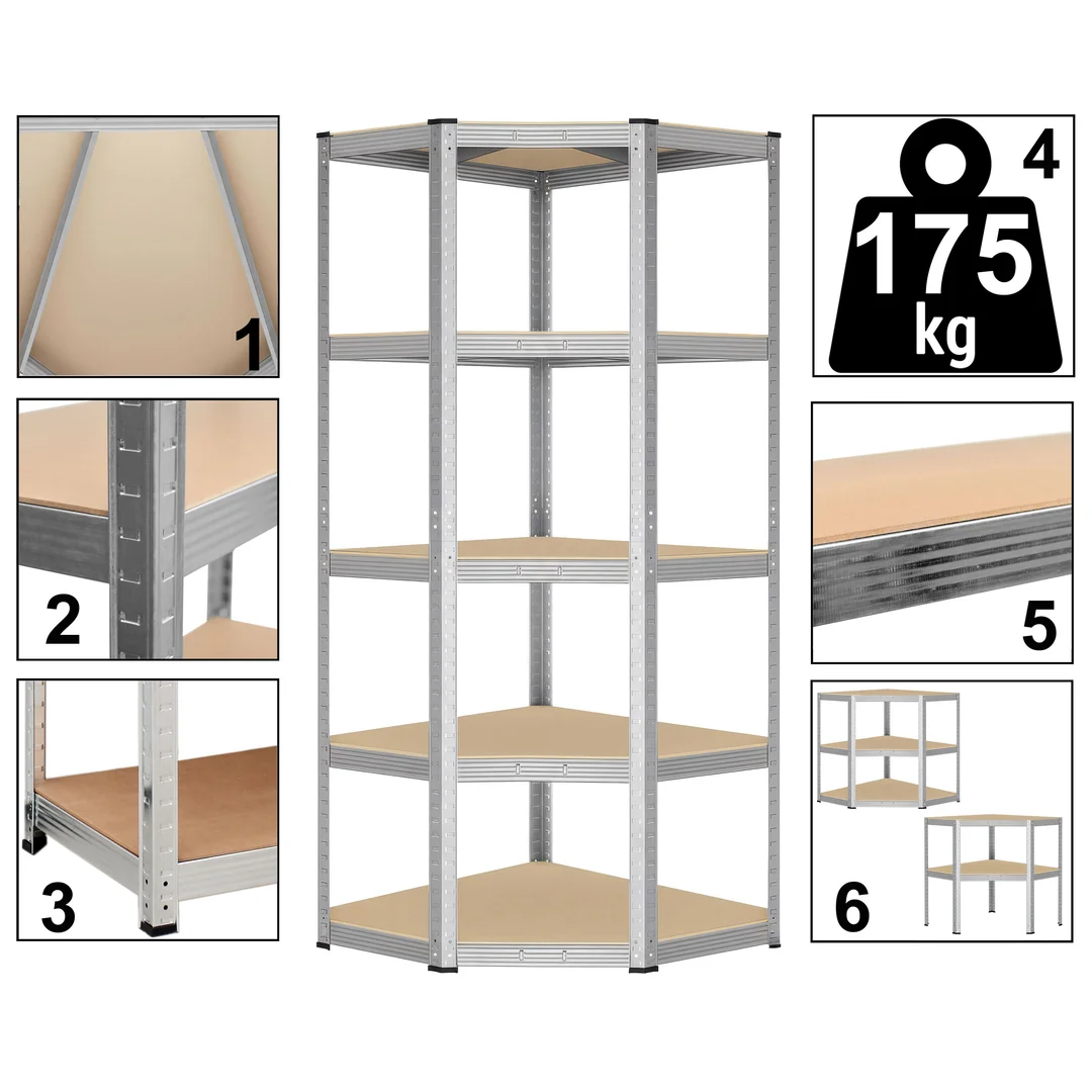 Regał magazynowy narożny 5 poziomów 875 kg 180 x 70 x 40 cm — zdjęcie 7