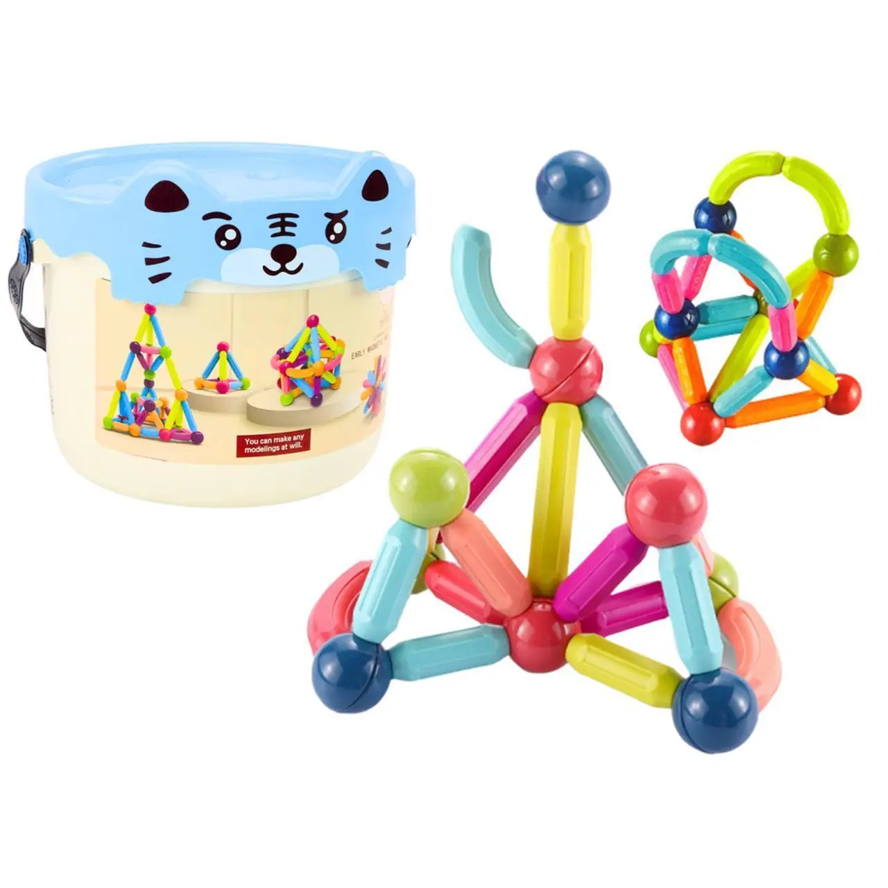 Klocki Magnetyczne W Wiaderku 78 Elementów Kotek Niebieski