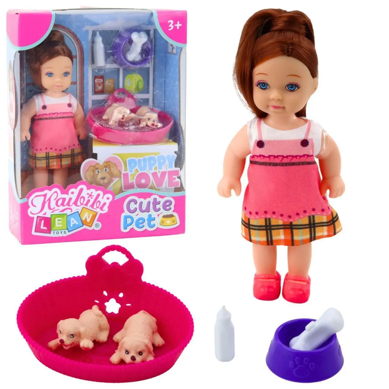 Zestaw Mini Laleczka Z Dwoma Szczeniaczkami Legowisko Miska Butelka