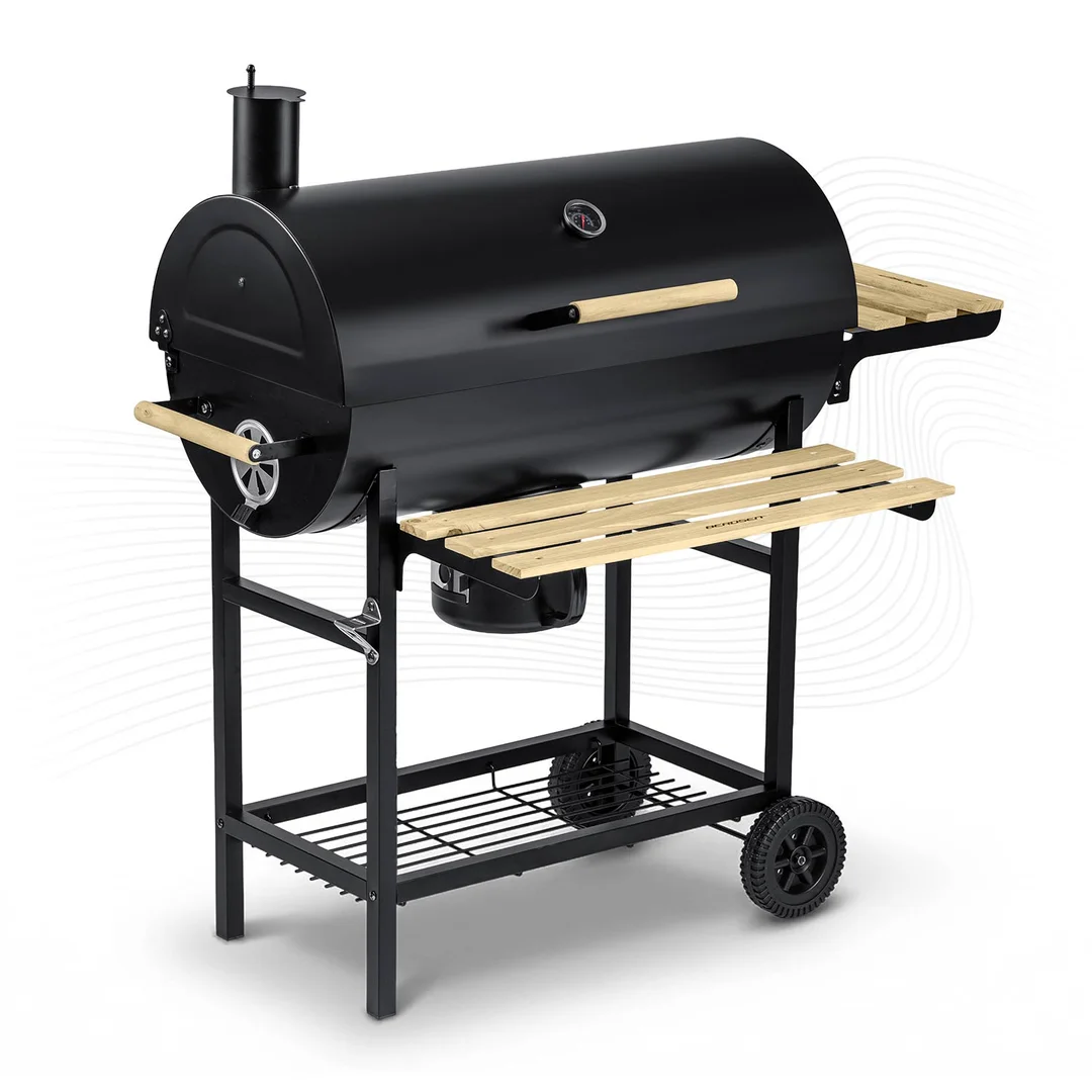 Grill węglowy ogrodowy beczka z kominem półki + termometr + popielnik Berdsen BD-895 czarny