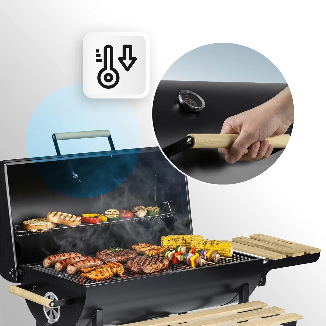 Grill węglowy ogrodowy beczka z kominem półki + termometr + popielnik Berdsen BD-895 czarny