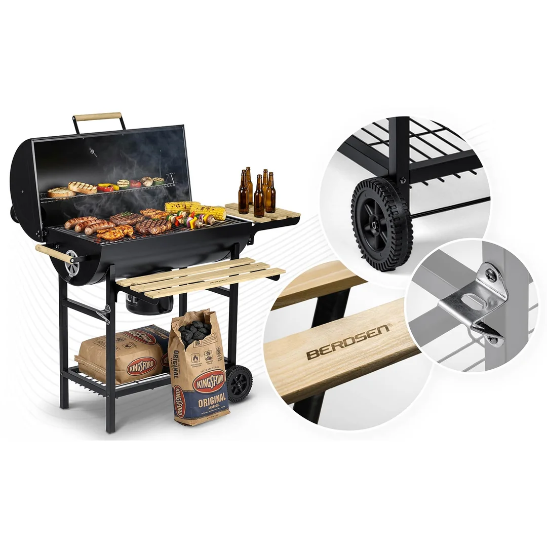 Grill węglowy ogrodowy beczka z kominem półki + termometr + popielnik Berdsen BD-895 czarny