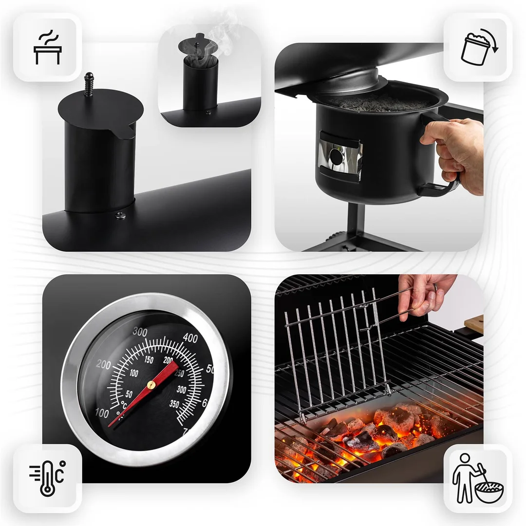 Grill węglowy ogrodowy beczka z kominem półki + termometr + popielnik Berdsen BD-895 czarny