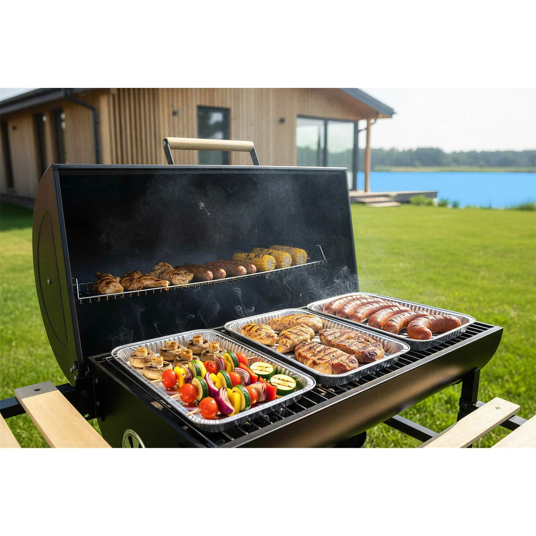 Grill węglowy ogrodowy beczka z kominem półki + termometr + popielnik Berdsen BD-895 czarny