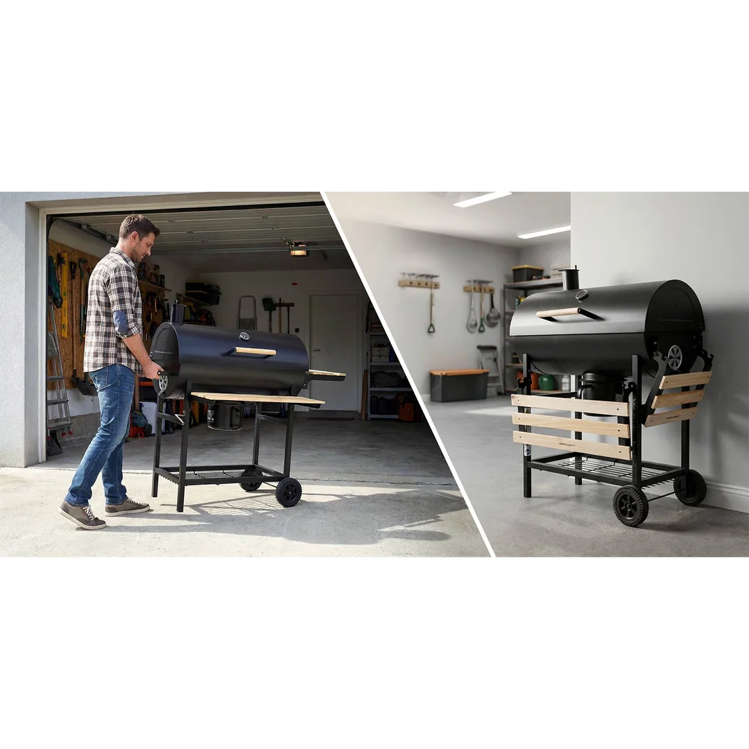 Grill węglowy ogrodowy beczka z kominem półki + termometr + popielnik Berdsen BD-895 czarny