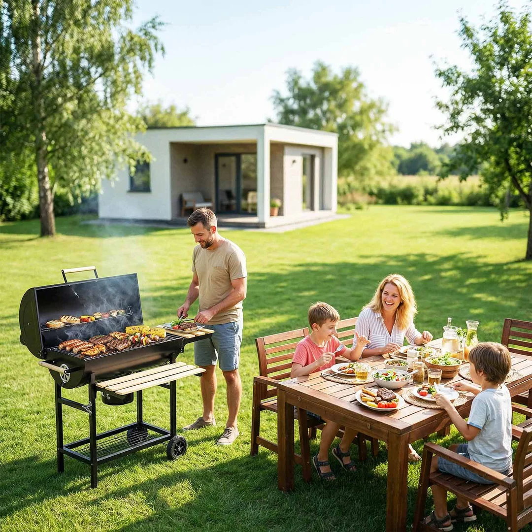 Grill węglowy ogrodowy beczka z kominem półki + termometr + popielnik Berdsen BD-895 czarny