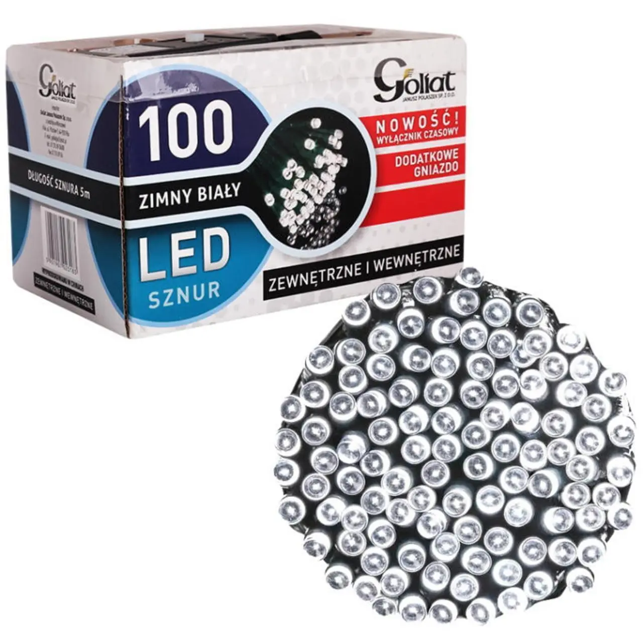 Stabilne Lampki Świąteczne 100 LED z Dodatkowym Gniazdem i Timerem - Kolor Zimny Biały, Wodoodporne, do Użycia Wewnętrzny i Zewnętrzny, Polska Dystrybucja
