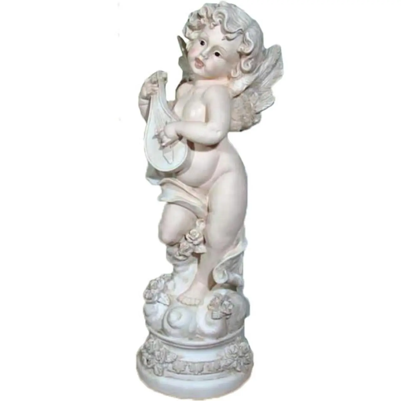 Figurka Anioł na Cokole z Lirą w Kolorze Kremowym z Polirezyney 82x27 cm