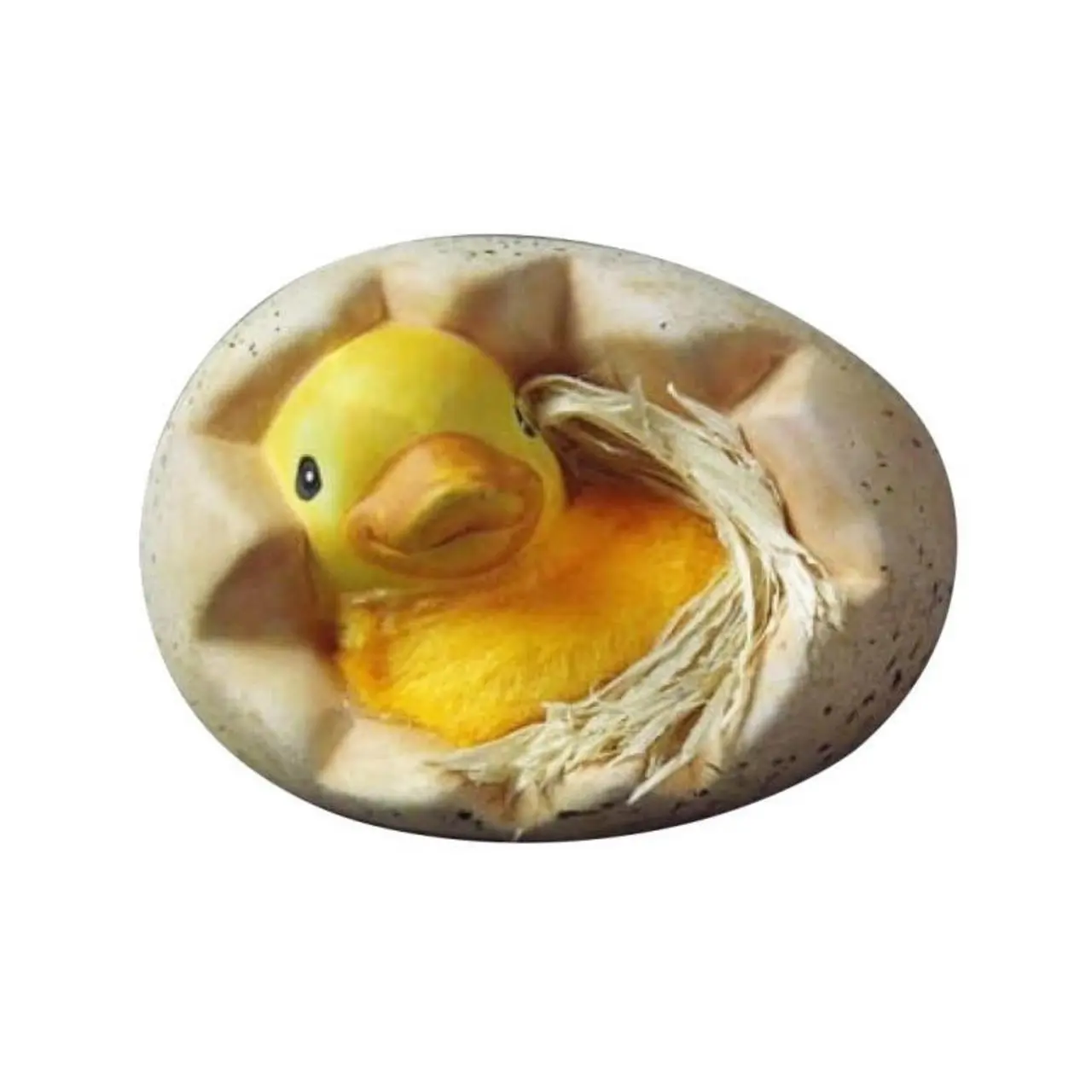Żółta Kaczuszka Ceramiczna 9x6cm z Futrzanym Kurczaczkiem w Jajku ze Sianem