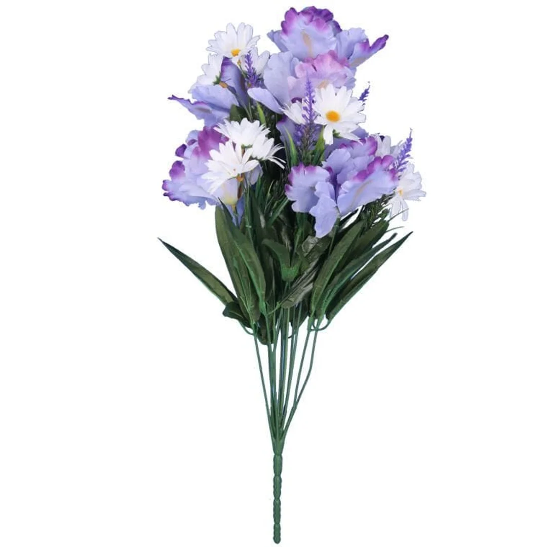 Bukiet 14 irysów z margaretkami i wrzosami 50 cm