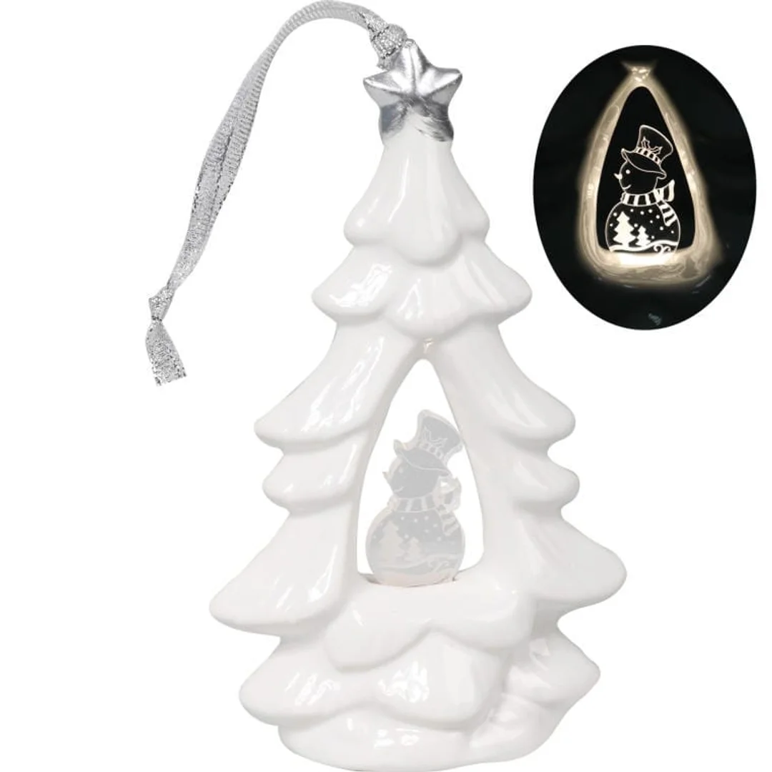 Choinka ceramiczna z podświetlanym bałwankiem LED, biała, 15 cm.
