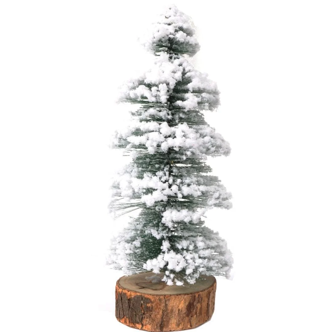 Choinka LED Ośnieżona na Drewnianej Podstawie, Zielona, 30cm, Zasilana Bateriami