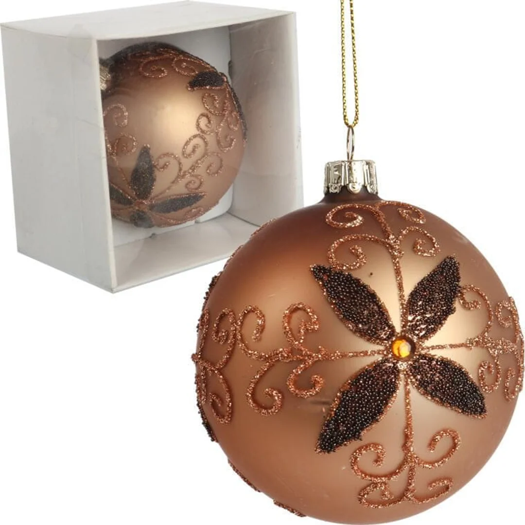 Elegancka Bombka Szklana z Brokatowym Dekorem, Kolor Brązowy, 8 cm