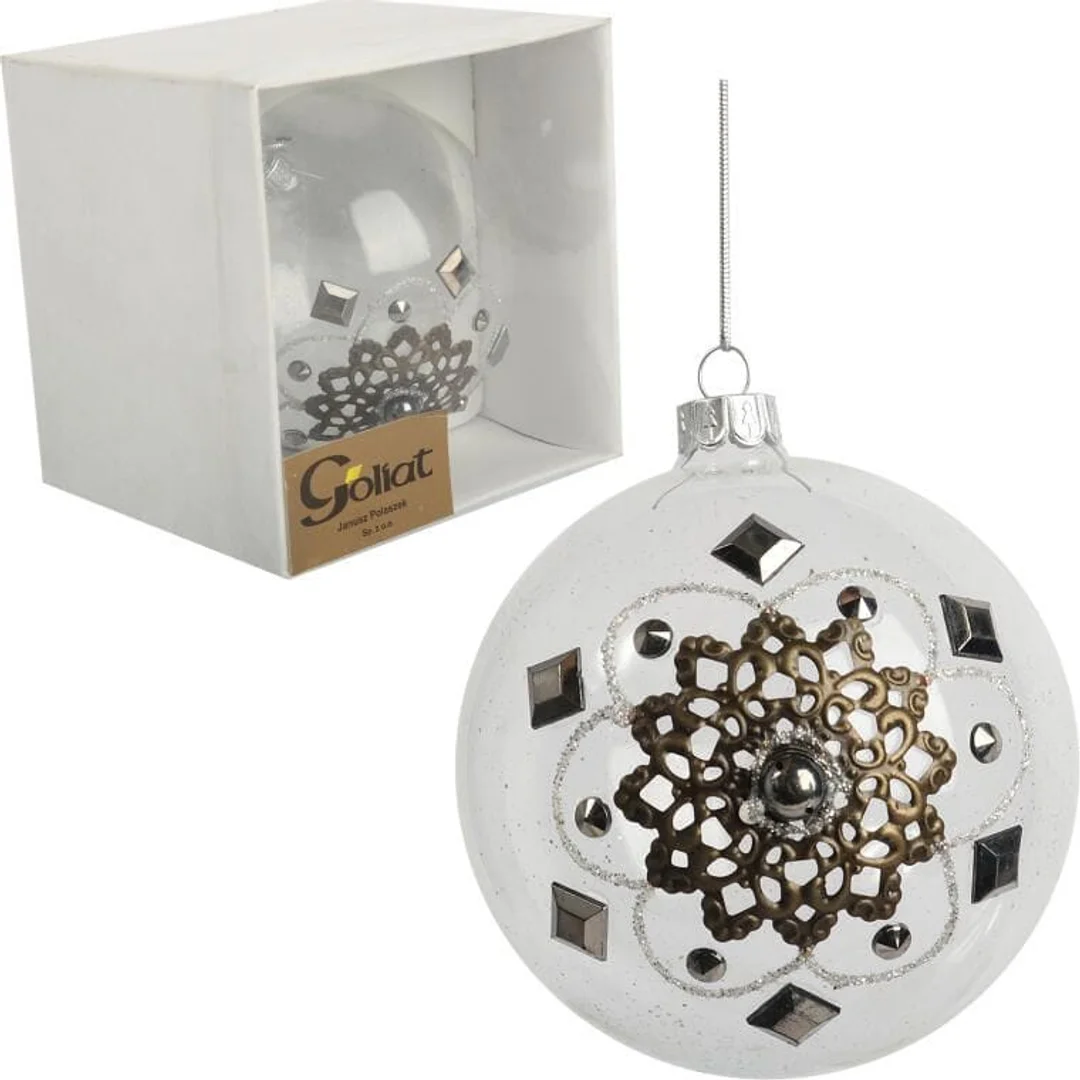Elegancka szklana bombka świąteczna z metalowym dekorem - 10 cm, przezroczysta