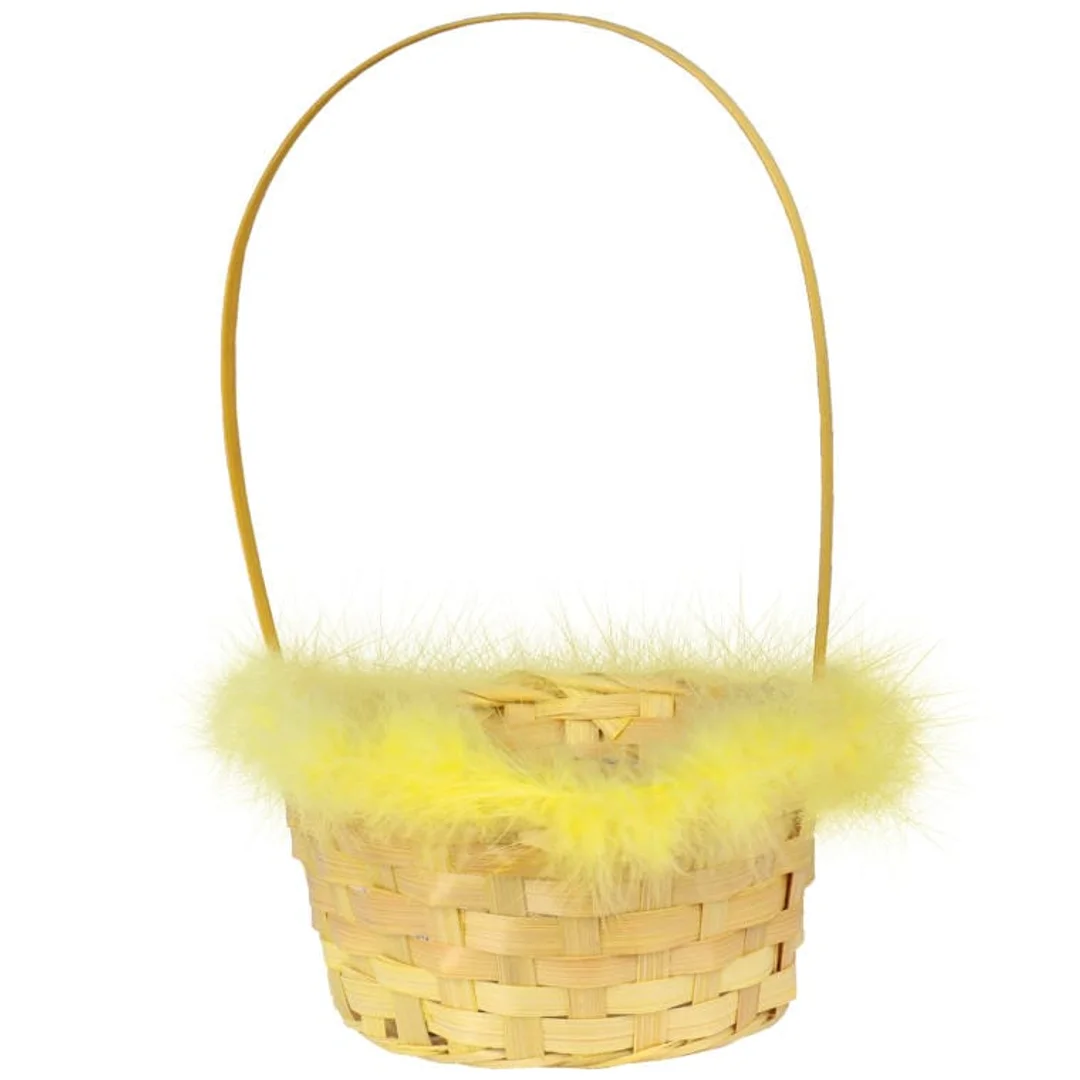 Elegancki Żółty Koszyk Wielkanocny do Święconki z Pałąkiem i Piórkowym Obrzeżem 20 cm