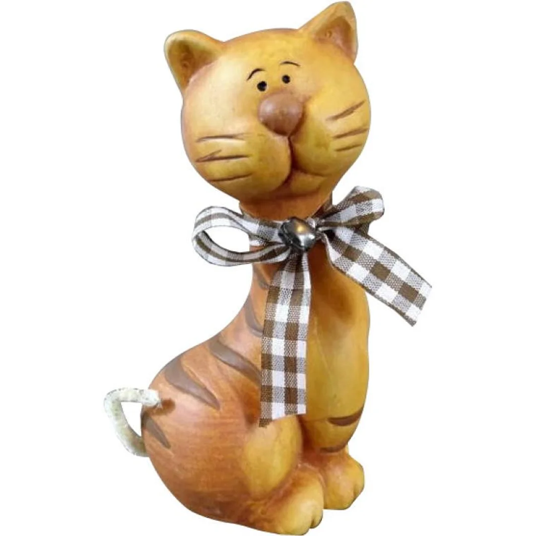 Figurka ceramiczna siedzący brązowy kot z wstążką 15.5x8 cm