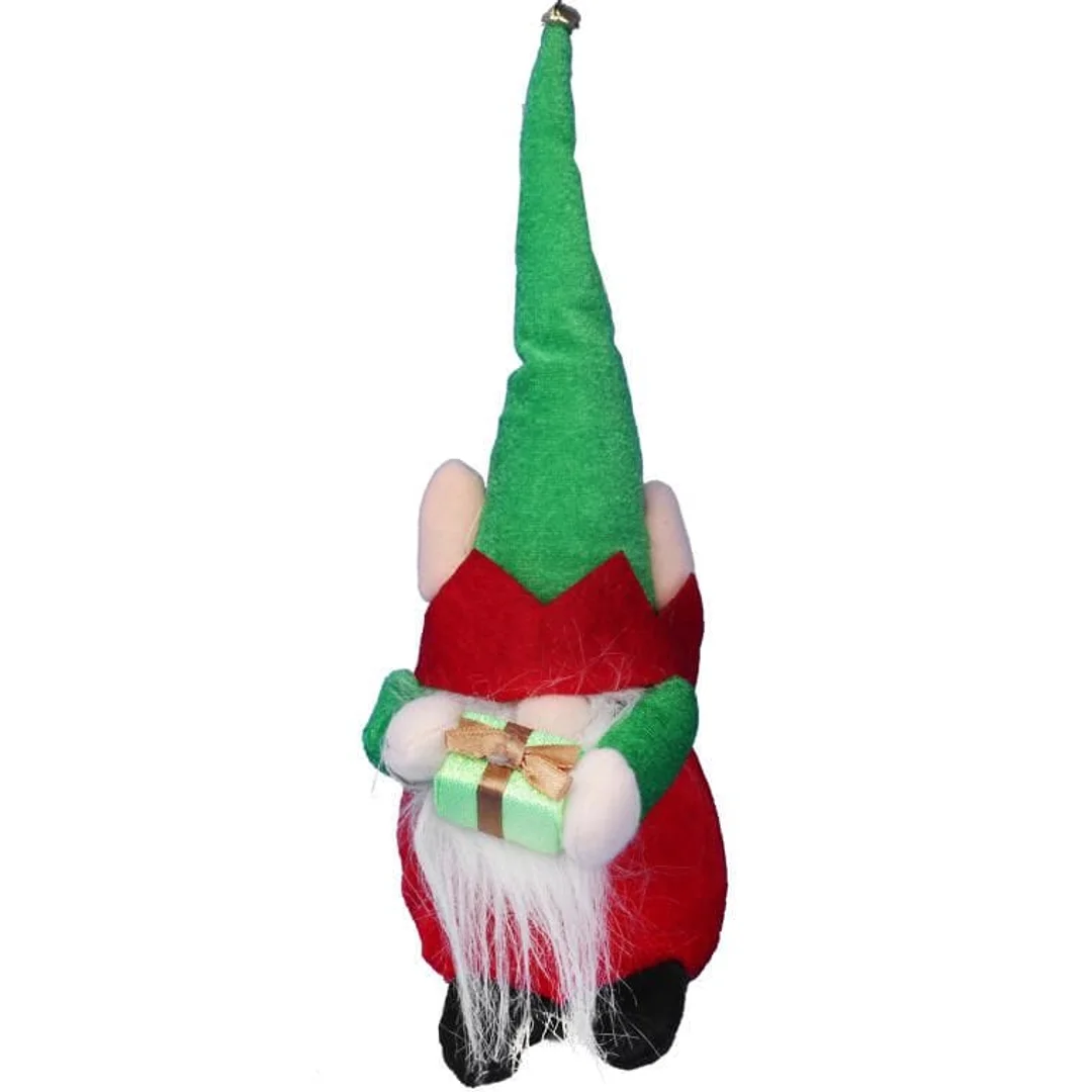 Figurka Świątecznego Skrzata z Dzwonkiem i Prezentem, 25 cm, Kolor Czerwono-Zielony