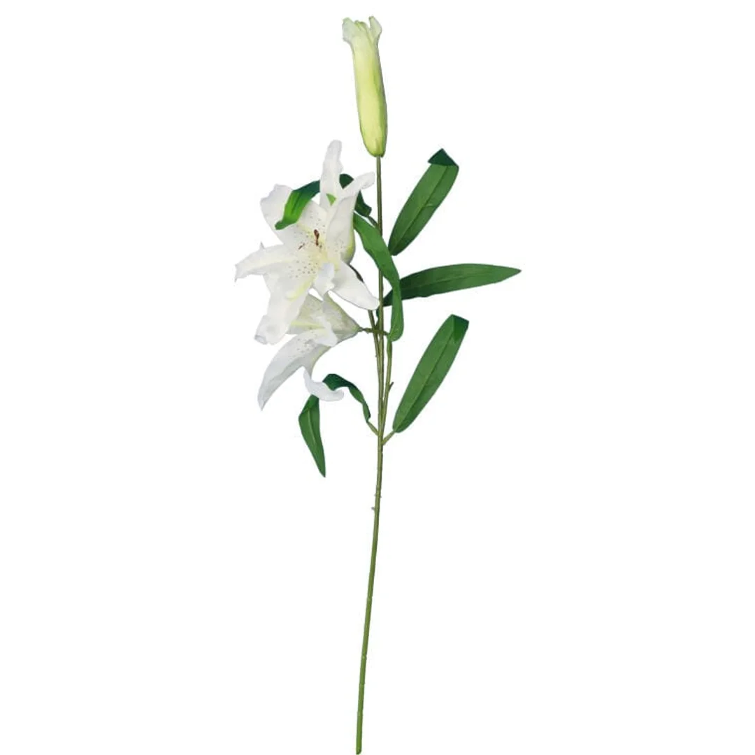 Gałązka białej lilii z dwoma kwiatami i pąkiem - 74 cm
