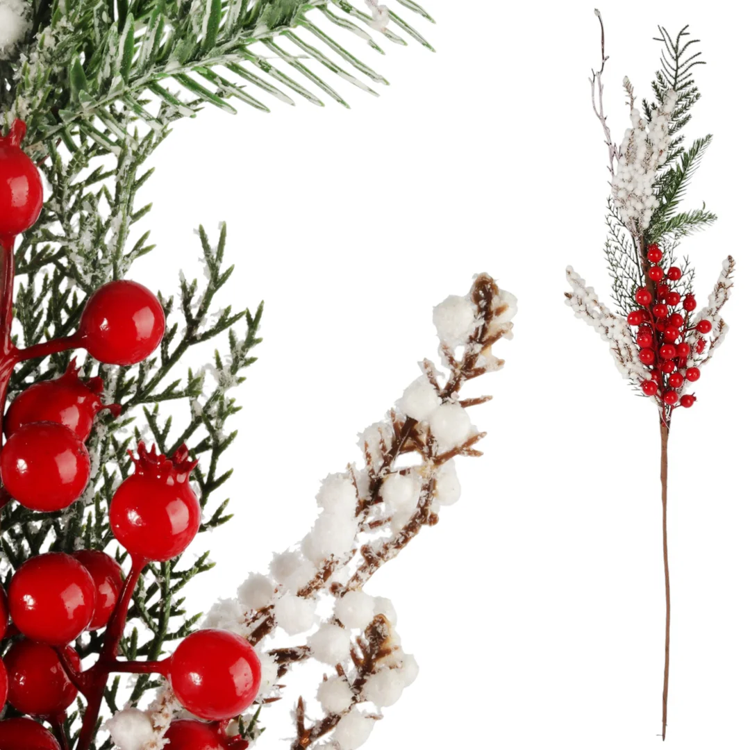GAŁĄZKA OZDOBNA OŚNIEŻONA Z JARZĘBINĄ ŚWIĘTA STROIK BOŻE NARODZENIE 76 CM