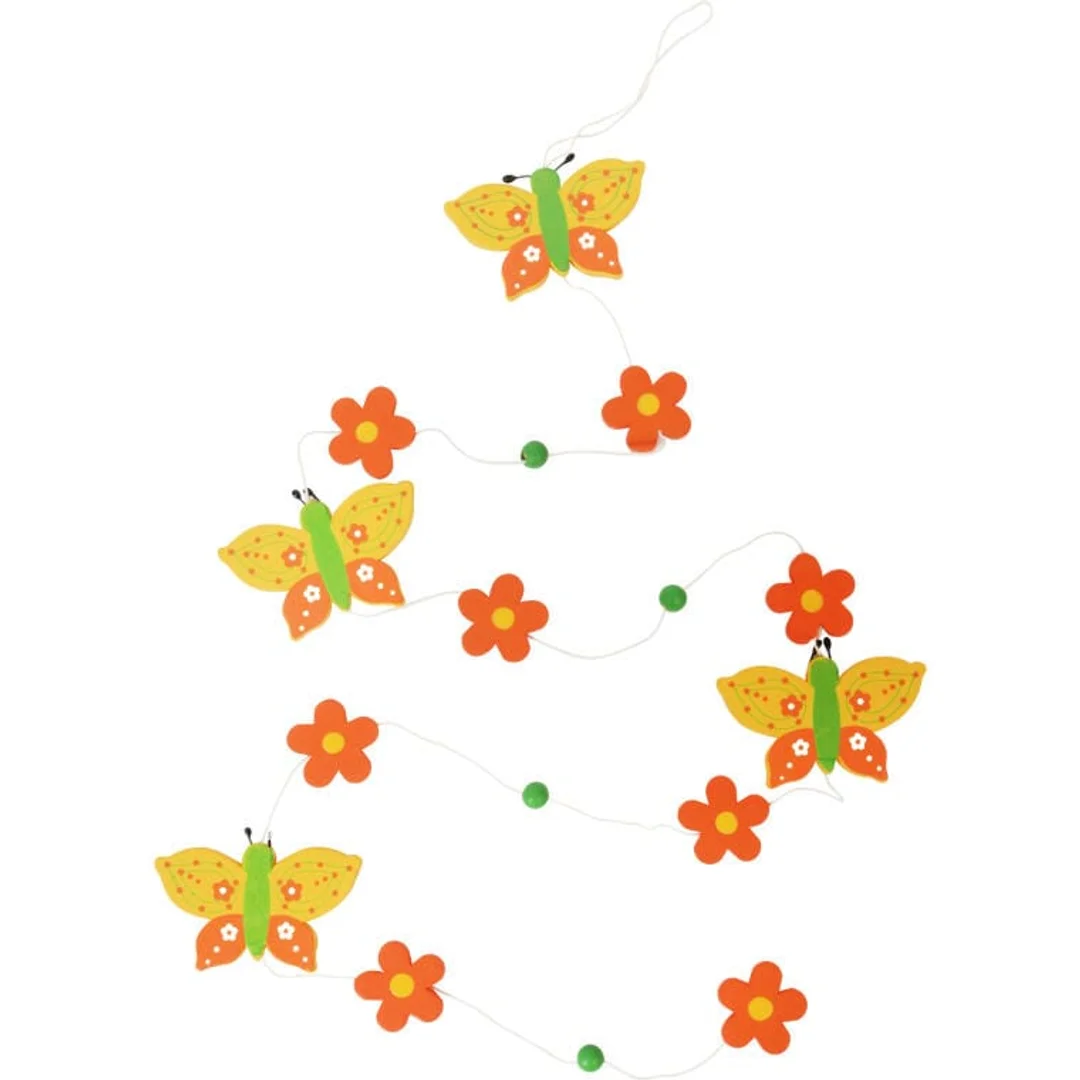 Girlanda Wiosenna z Pomarańczowymi Motylkami i Kwiatami - Zawieszka Drewniana 120cm