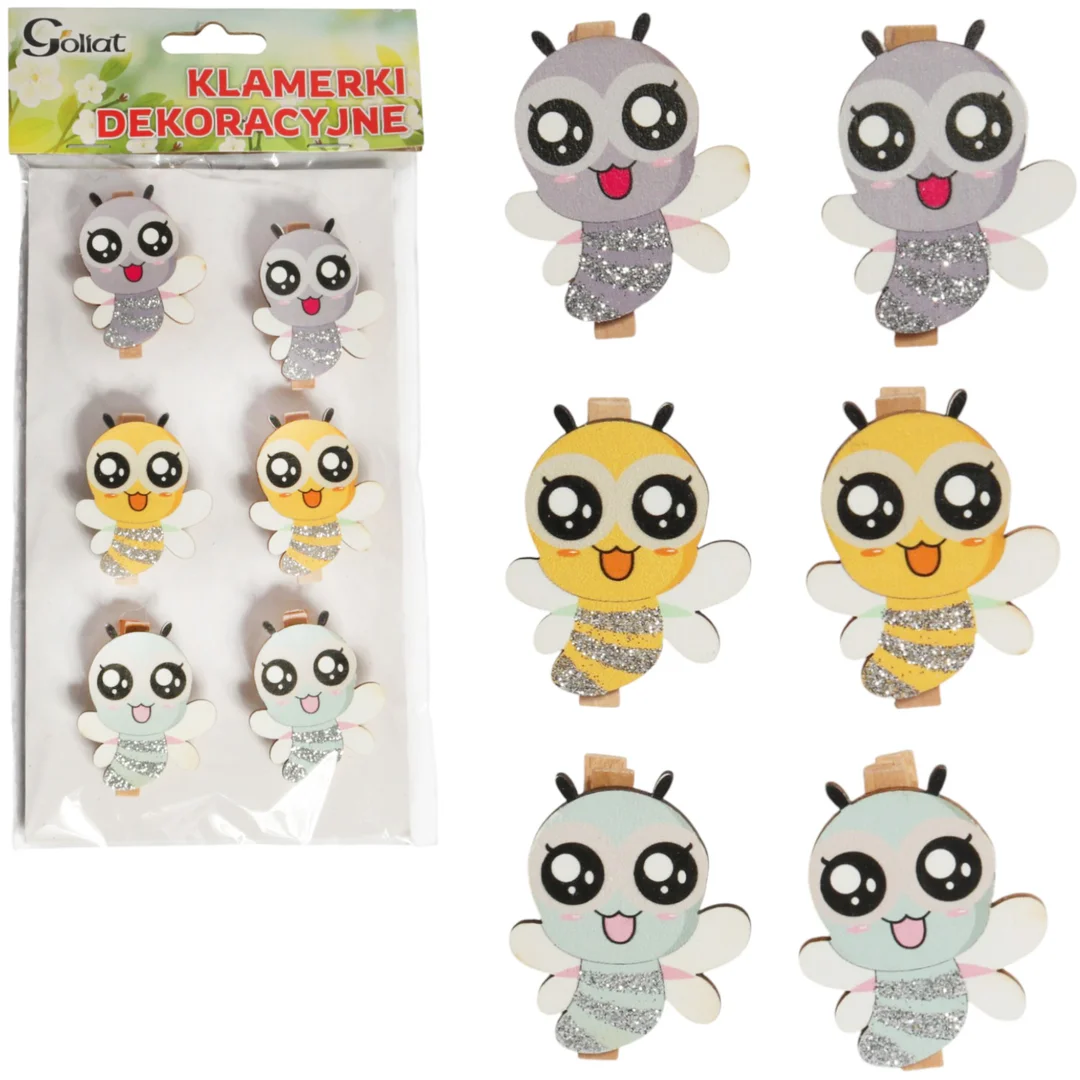 Klamerki drewniane spinacze mini z pszczółką 6 szt.