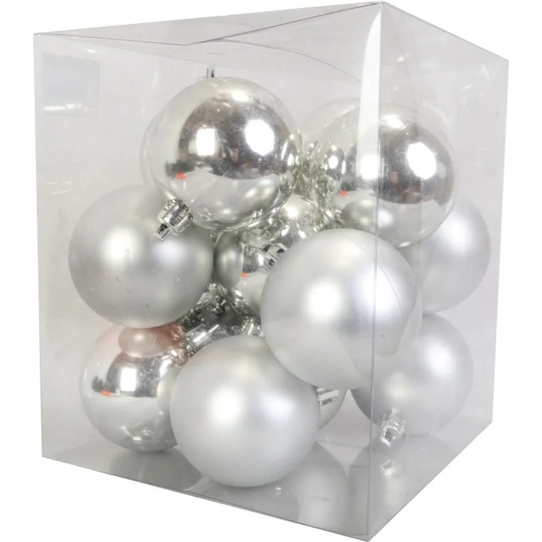 Komplet 16 matowych i błyszczących bombek plastikowych srebrnych 6 cm w boksie PVC