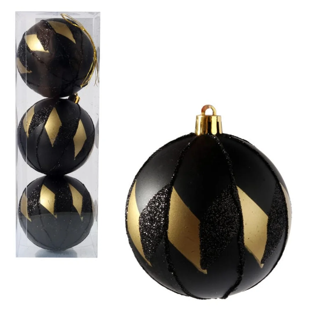 Komplet eleganckich bombek świątecznych Czarno-złote Luksusy, 3 szt., 8 cm