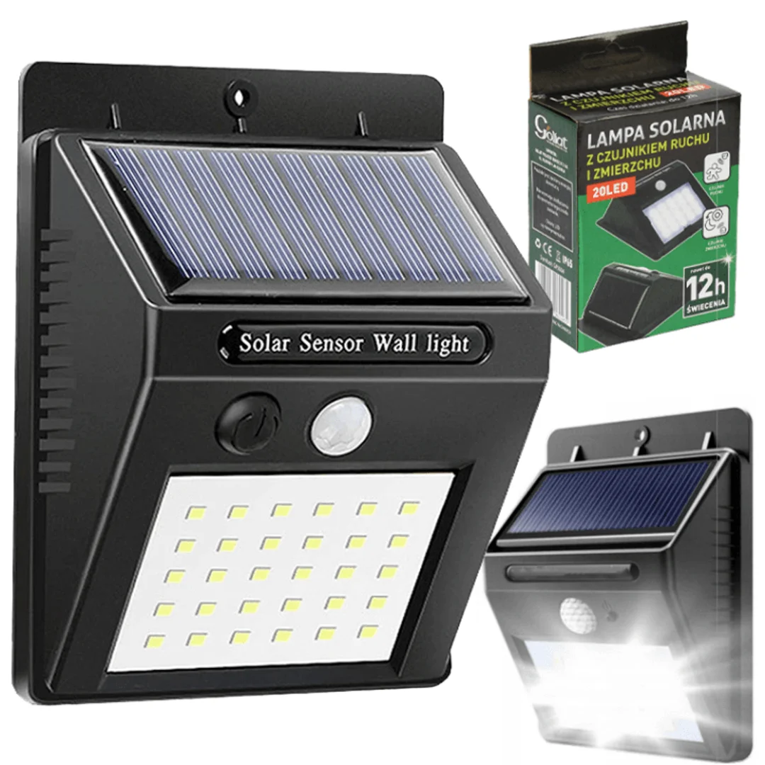 Lampa Solarna LED z Czujnikiem Ruchu i Zmierzchu, Zasilana Energia Słoneczną, Montażowy Panel Światła Zewnętrznego Białego Zimnego
