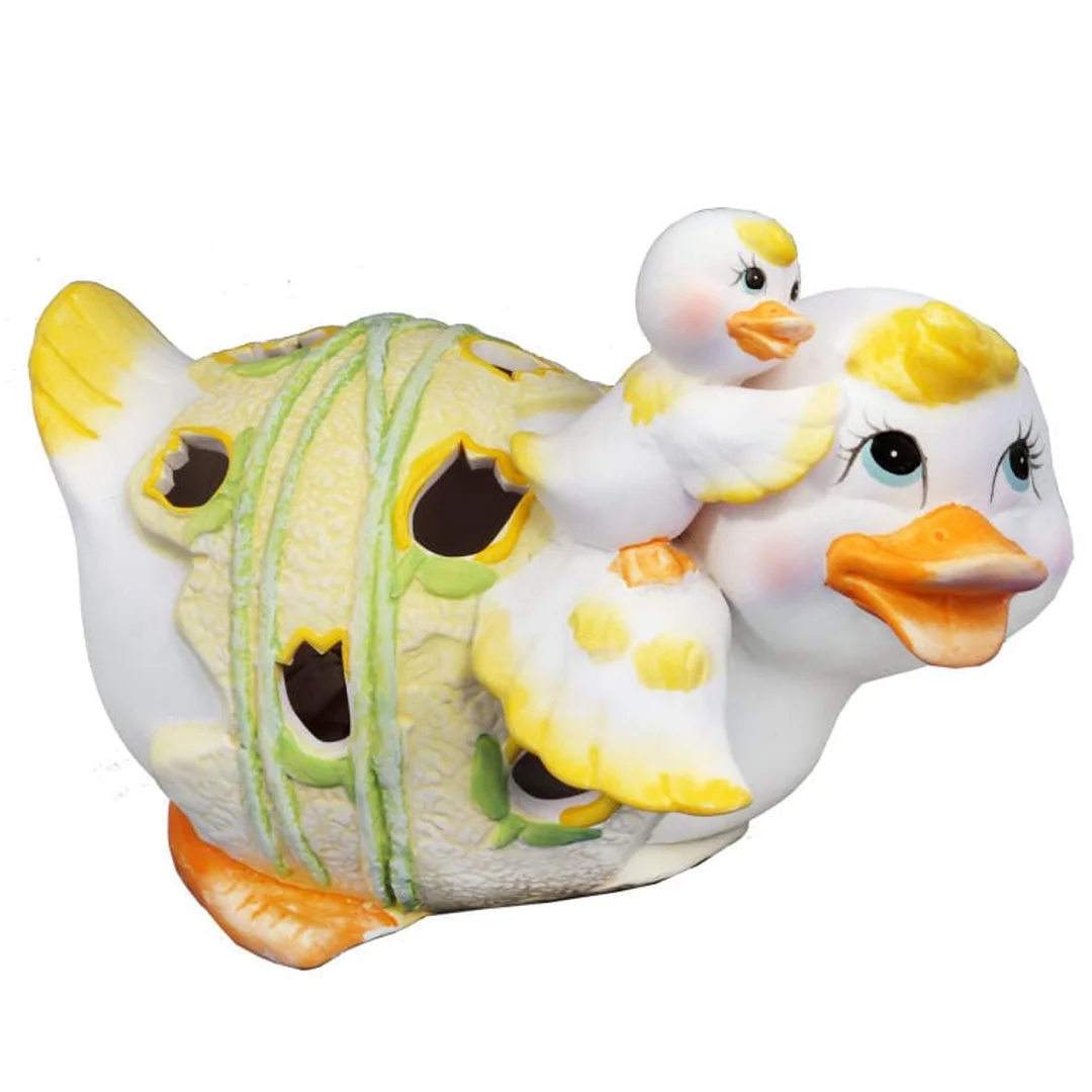 Lampion Wielkanocny - Ceramiczna Figurka Kaczki z Kaczątkiem na Tealight, Zielony, 17 cm