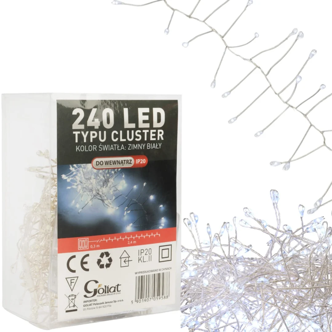 Lampki 240 LED 2,4 metra CLUSTER RYŻ ZIMNY BIAŁY NA BATERIE