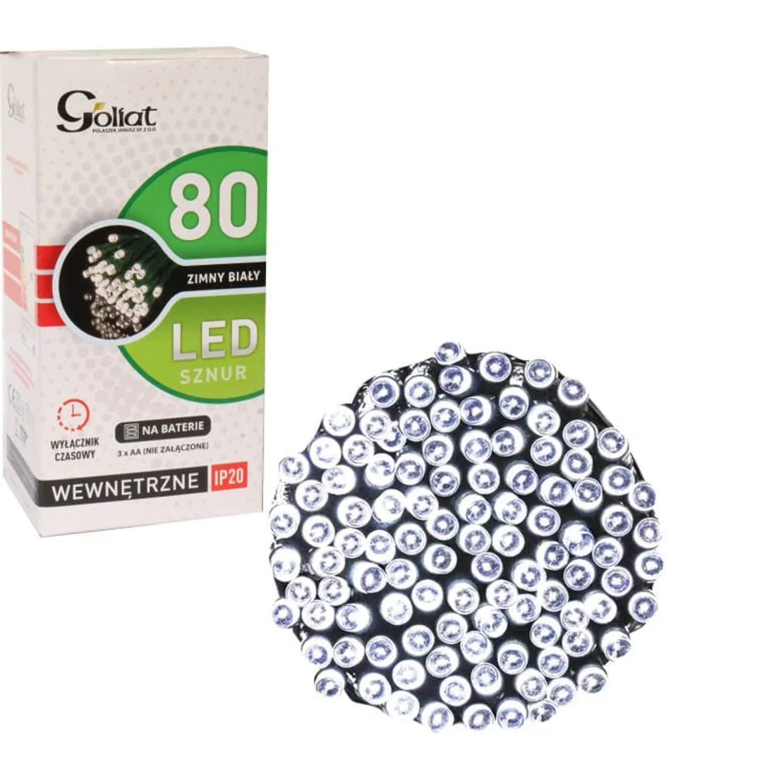 Lampki choinkowe 80 LED na baterie z TIMEREM zimny biały