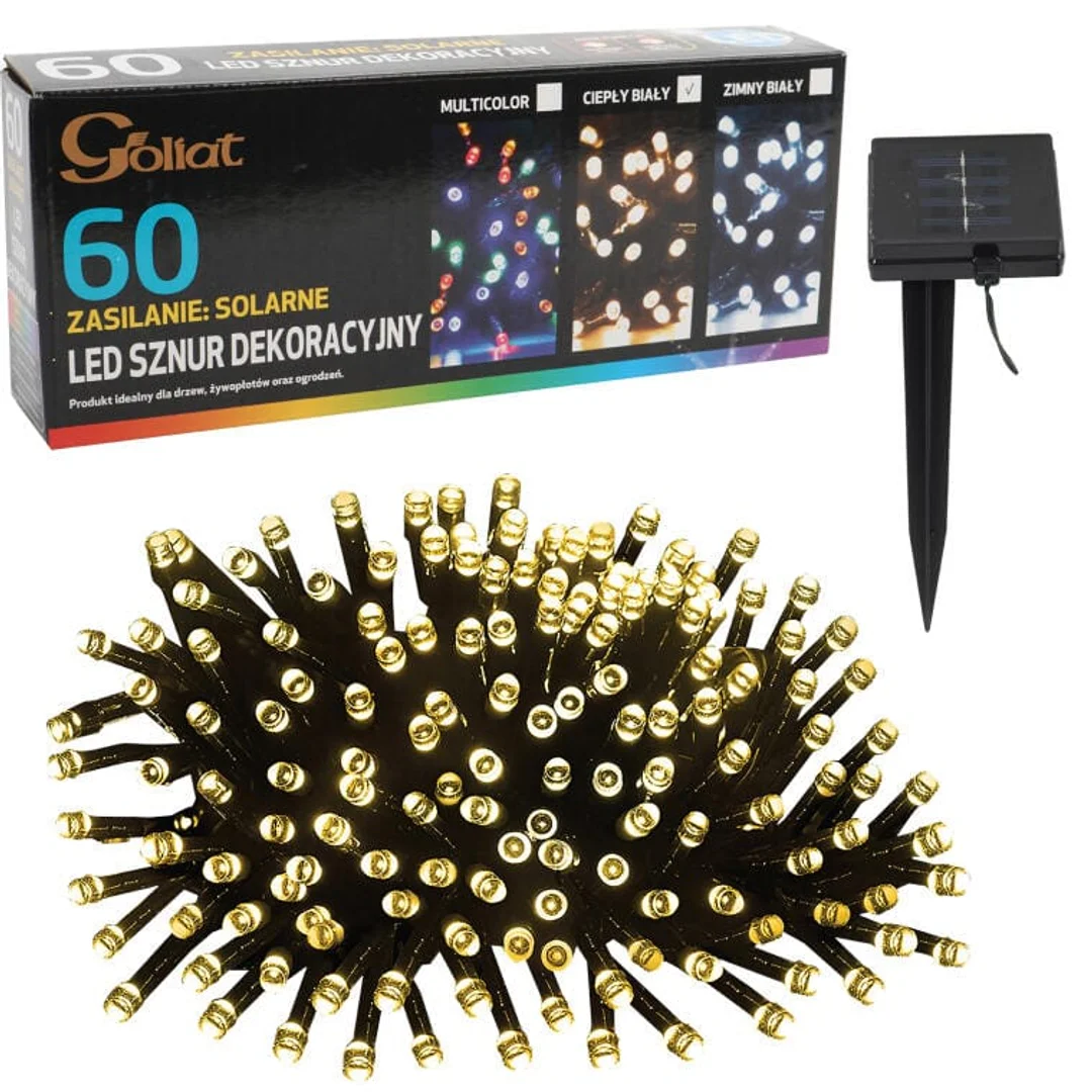 Lampki Choinkowe na Energii Słonecznej 60 LED, Kolor Ciepły Biały