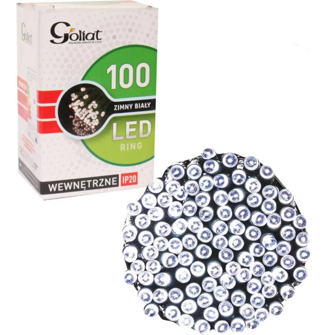 Lampki Choinkowe Sieciowe 100 LED Ring, Kolor Zimny Biały, Długość przewodu 1,5 metra, Użycie Wewnętrzne IP20