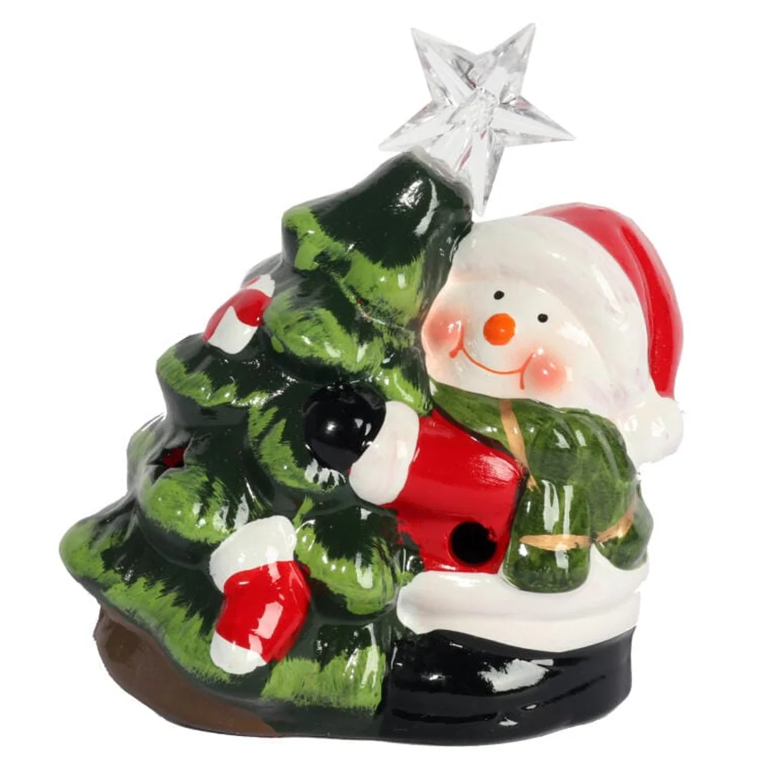 Ozdoba świąteczna ceramiczny BAŁWAN z choinką LED 12.5 cm