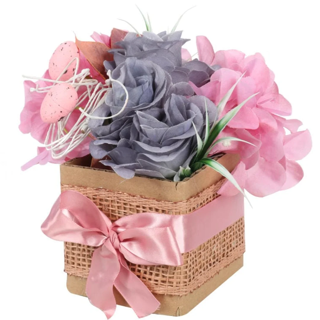 Różowy Stroik Wielkanocny Flower Box z Jajeczkami i Kwiatami Sztucznymi