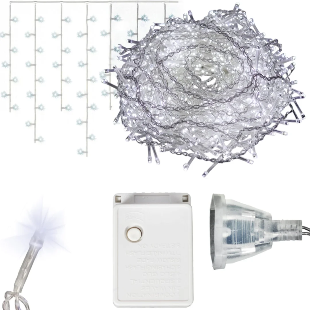 SOPLE 300 LED KURTYNA LAMPKI ZEWNĘTRZNE/WEWNĘTRZNE FLASH ZIMNY BIAŁY PROGRAMATOR 9 M