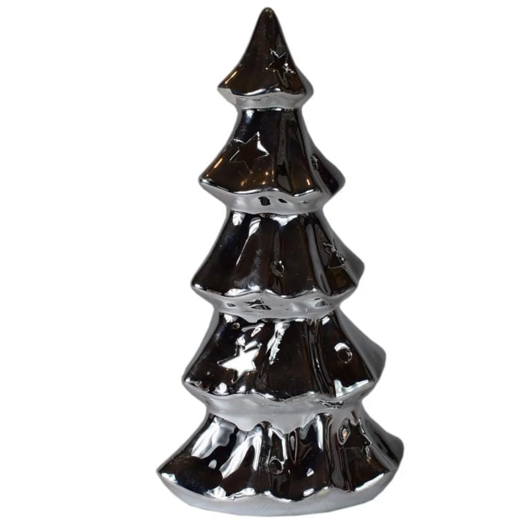 Srebrny Lampion Ceramiczny w Kształcie Choinki na Świecę Tealight