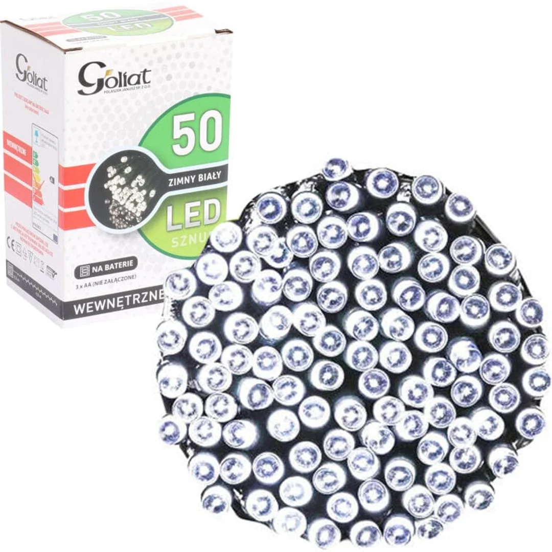 Świąteczna dekoracja - Lampki LED 50 sztuk, kolor zimny biały, na baterie, do użytku wewnętrznego