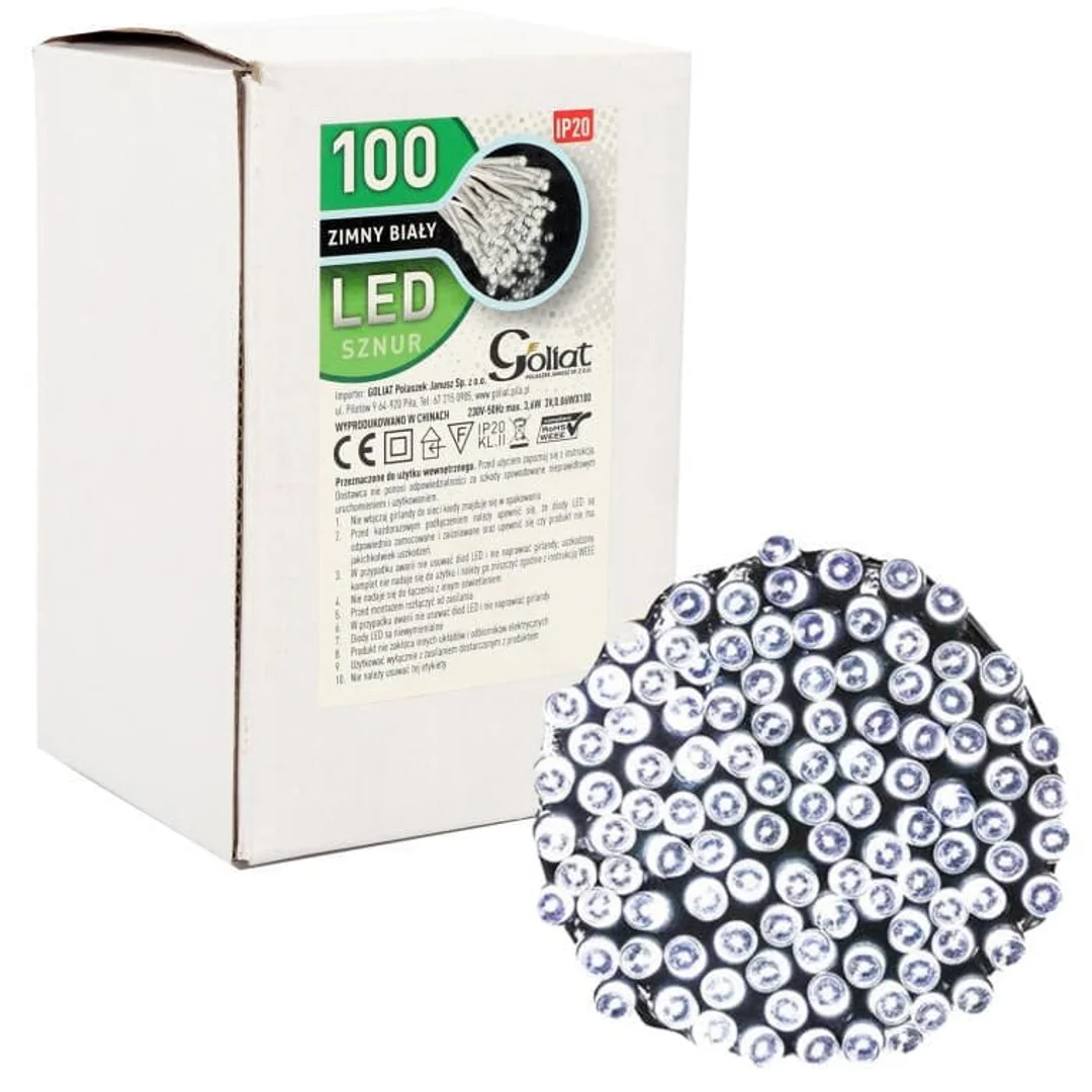 Świąteczne Lampki Choinkowe 100 LED, Wewnętrzne, Kolor Zimny Biały, Długość 5m