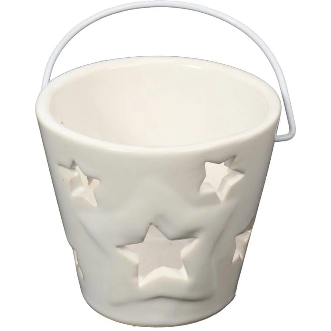 Świecznik Ceramiczny w Kształcie Lampionu z Gwiezdnym Wzorem, Biały