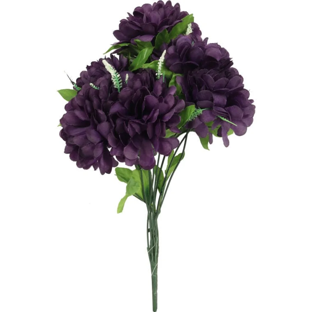 Sztuczny Bukiet 8 Fioletowych Chryzantem z Gipsówką - Dekoracja Grobowa 54cm