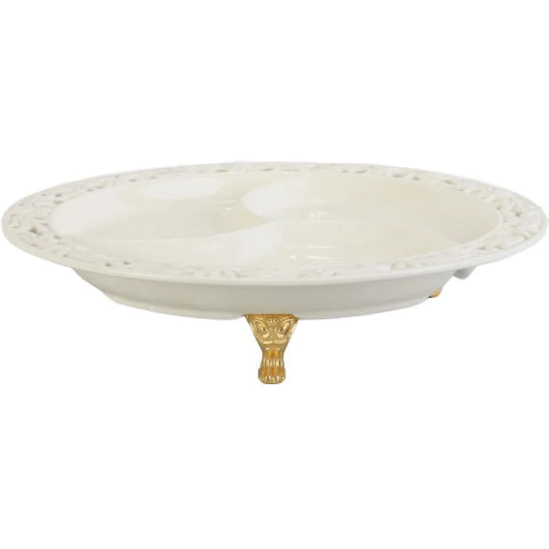 Talerz Ceramiczny z Przegrodami na Złotych Nóżkach 24 cm - Kolekcja Koronkowa