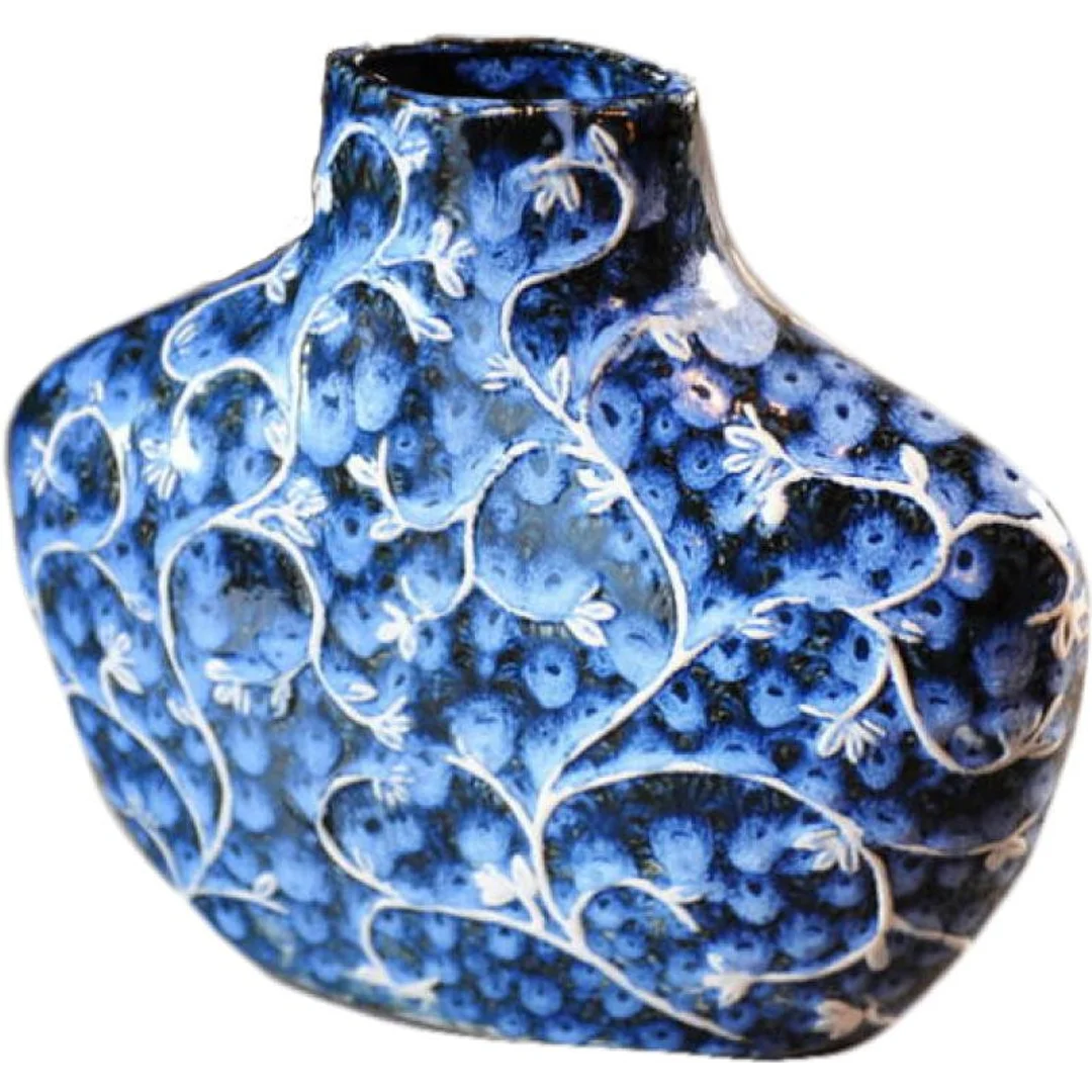 Wazon Ceramiczny Niebieski z Białymi Gałęziami - Szeroki Model z Kolekcji