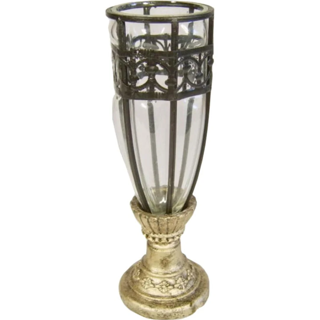 Wazon szklany z czarną metaloplastyką na złotej podstawie 28x8 cm