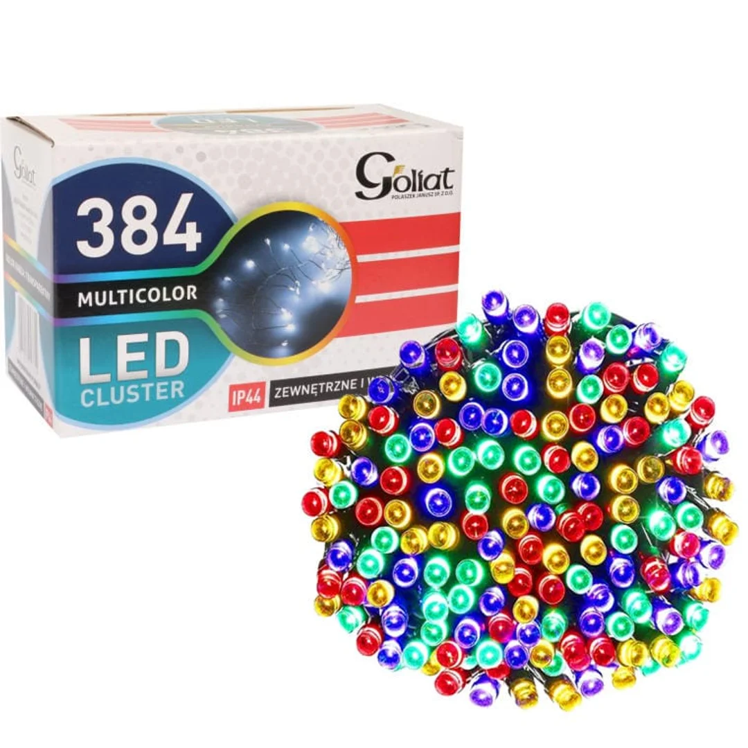 Wielobarwne Lampki Świąteczne Typu Gąsienica - 384 LED, Przeznaczone do Użytku Zewnętrznego, IP44, Długość 3m + 2m Przewód Sieciowy.